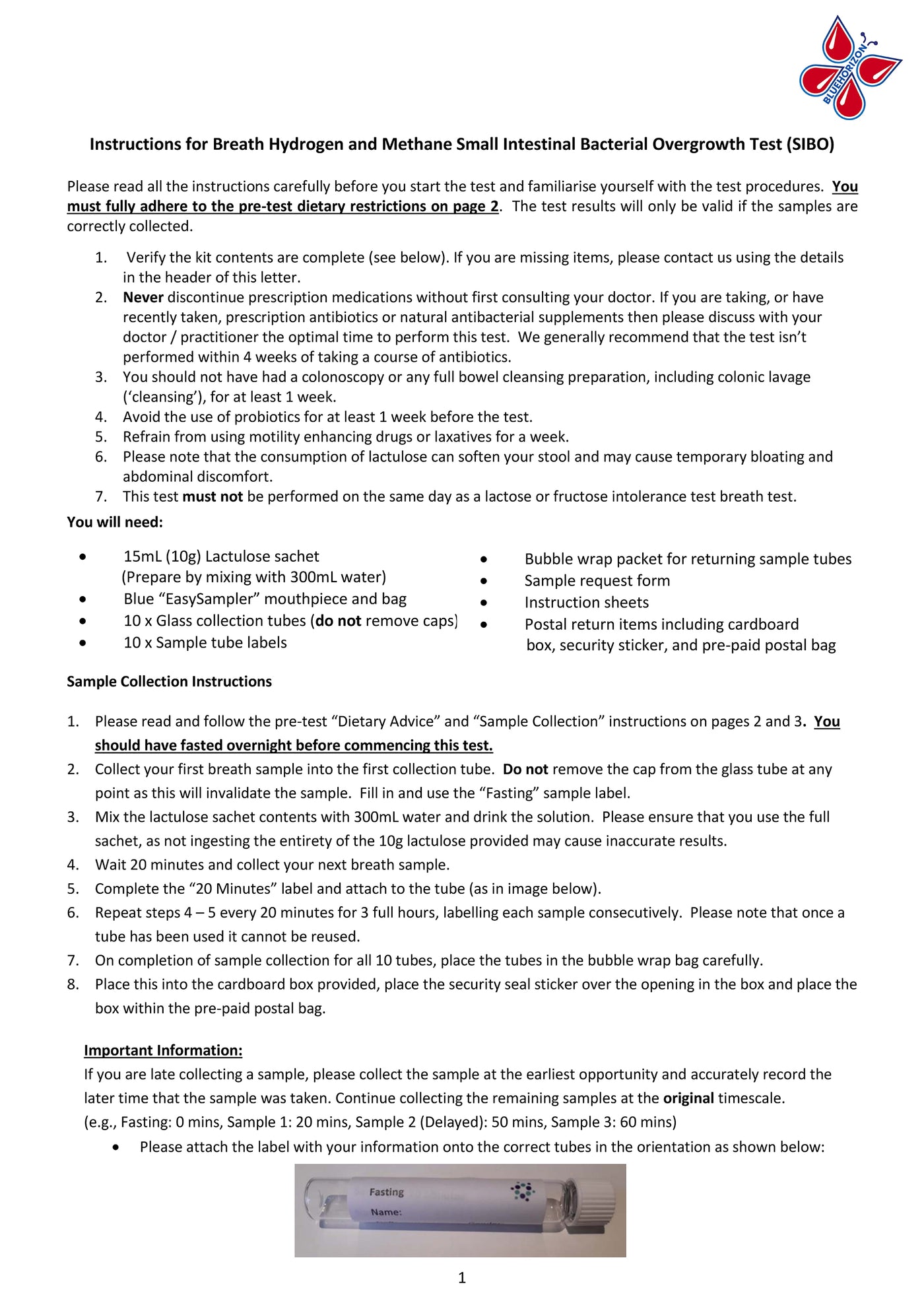 SIBO Home Test Kit Instructions